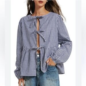 NEW MEROKEETY GINGHAM PLAID 
TIE FRONT W/ SNAPS BLOUSE PUFF SLEEVE PEPLUM
